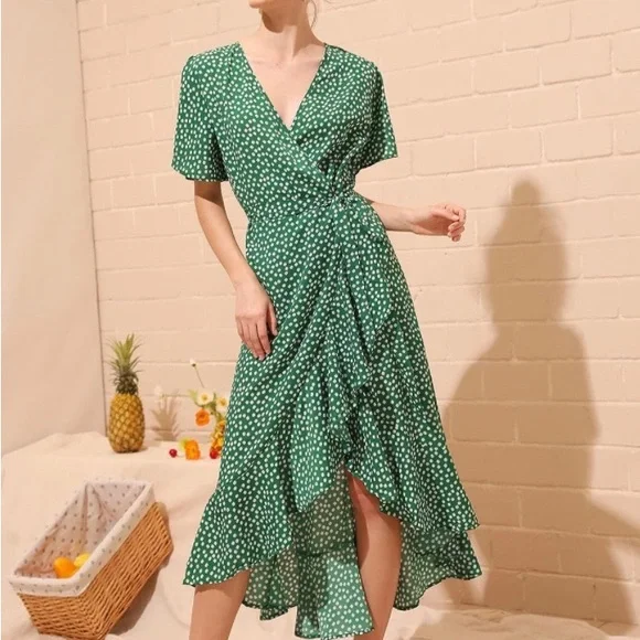 DLQYYS Dresses Womens Boho Vneck Short Sleeve Floral Ruffle